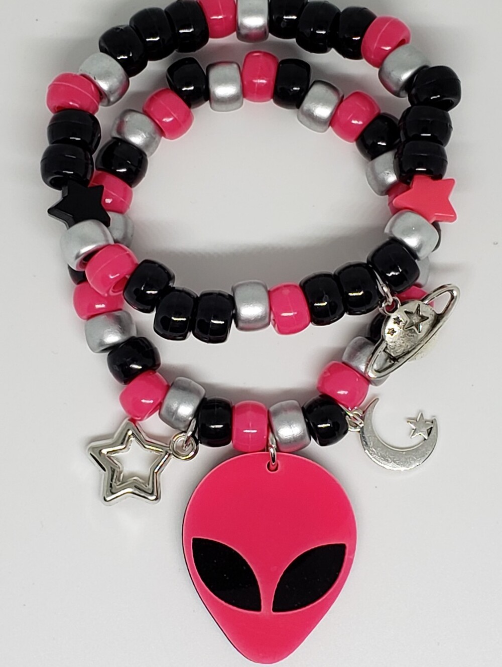 Handmade Pink Black Silver Alien Planet Star Beaded Stackable Kandi Bracelets